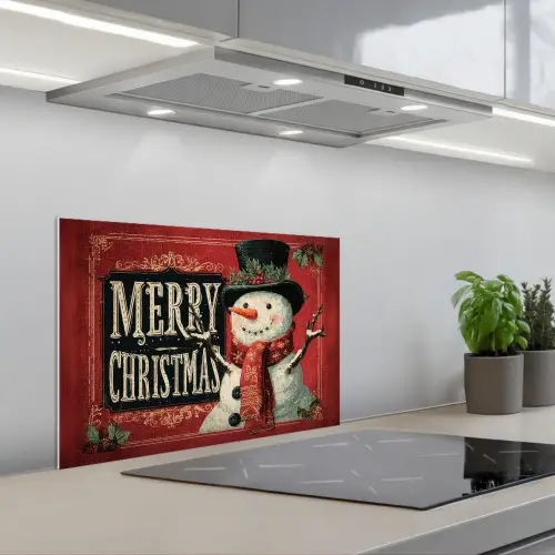 Klassiek - Kerstgroet - Sneeuwpop - Rood keuken achterwand spatscherm klein -3d_schuin
