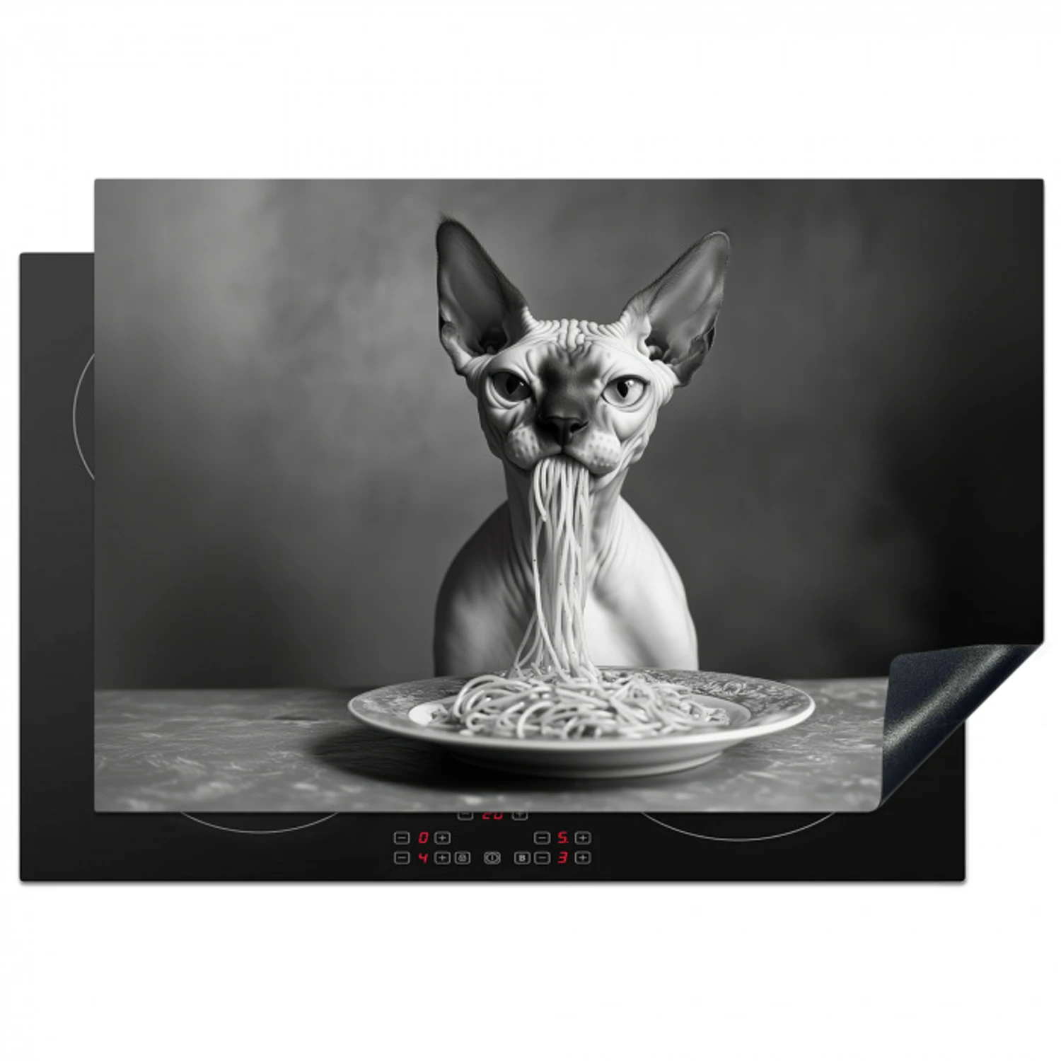Sphynx - Kat - Dieren - Humor - Spaghetti - Zwart Wit Inductie beschermer vinyl 3mm klein -3d