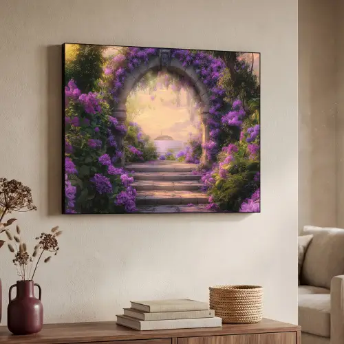 Poort - Paars - Bloemen Textielframe zwart klein -sfeer3