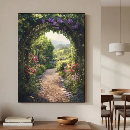 Doorkijk - Landschap - Bloemen - Tuinboog - Natuur Textielframe - compleet frame klein -sfeer2