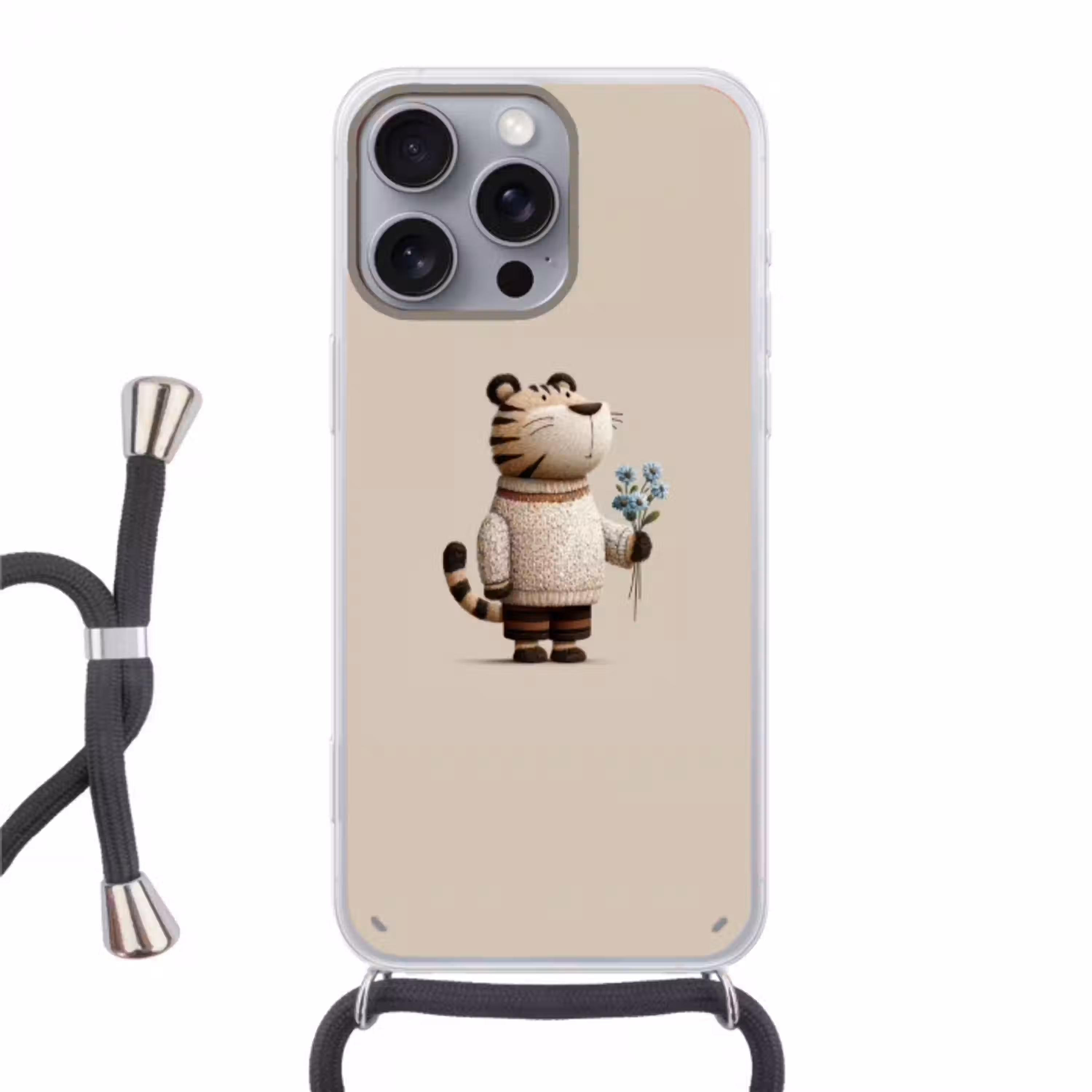 Tijger - Blauwe bloemen - Rustig Hoesje iPhone 16 Pro Max met koord klein -3d