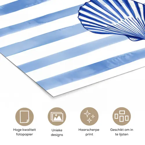 Vier schelpen - Blauw - Wit - Strepen poster papier klein -closeup_NL
