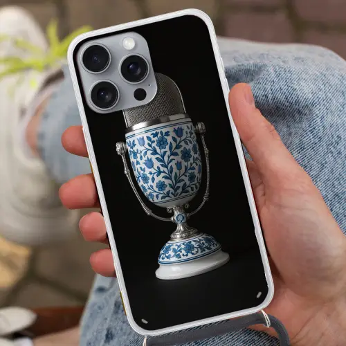 Microfoon - Delfts blauw - Muziek Hoesje iPhone 16 Pro Max met koord klein -sfeer3