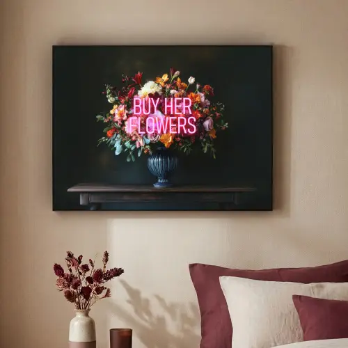 Quote - Bloemen - Vaas - Neon Textielframe zwart klein -sfeer1