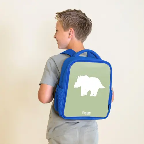 Groen met Triceratops dino Kinderrugzak - Blauw middel -sfeer2