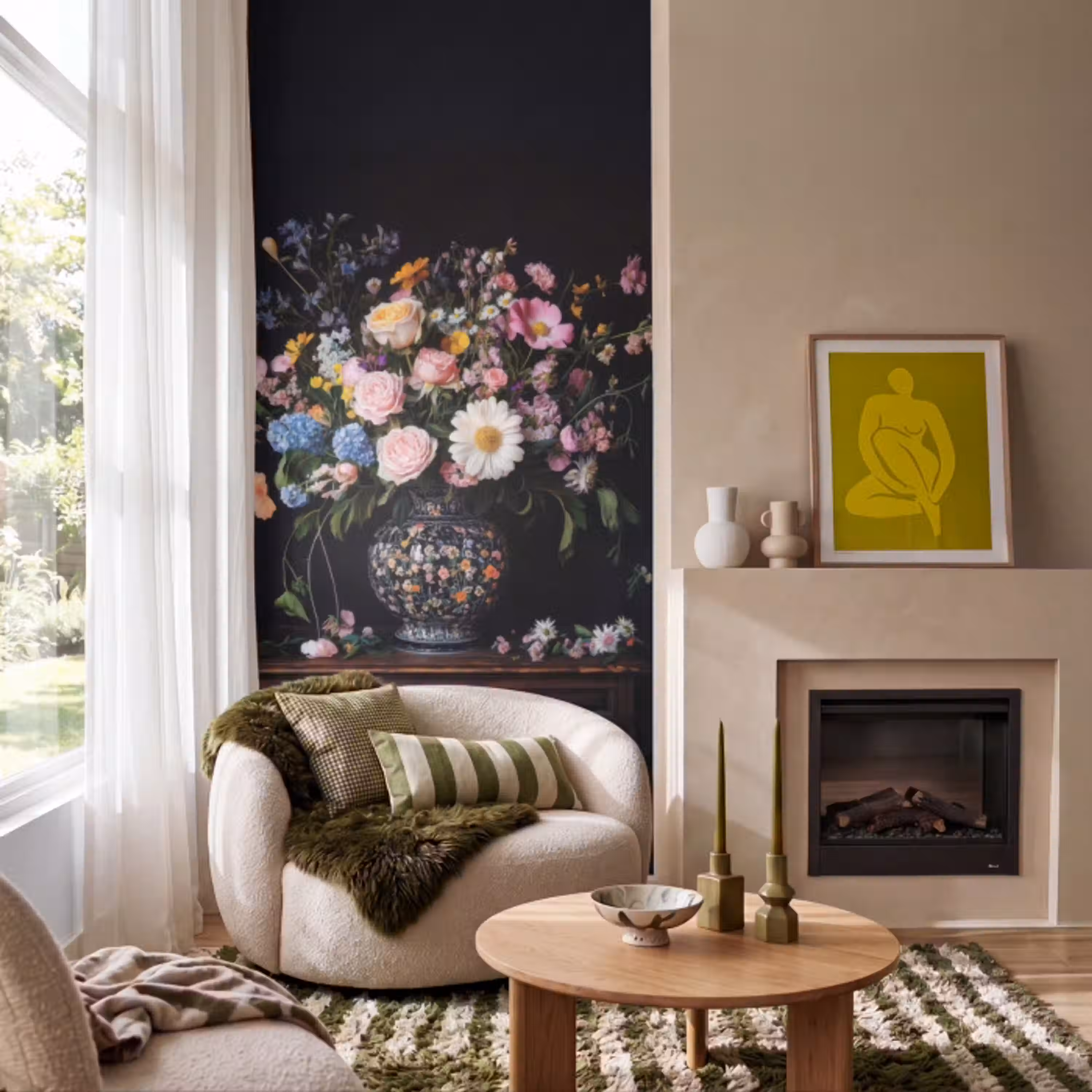 Bloemenvaas - Hout - Bloemen - Boeket Behang Vlies klein -sfeer2