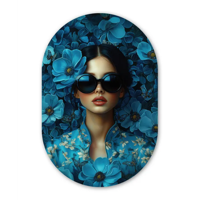 Vrouw - Bloemen - Blauw - Aesthetic - Luxe Wandcirkel Ovaal Glas middel -3d