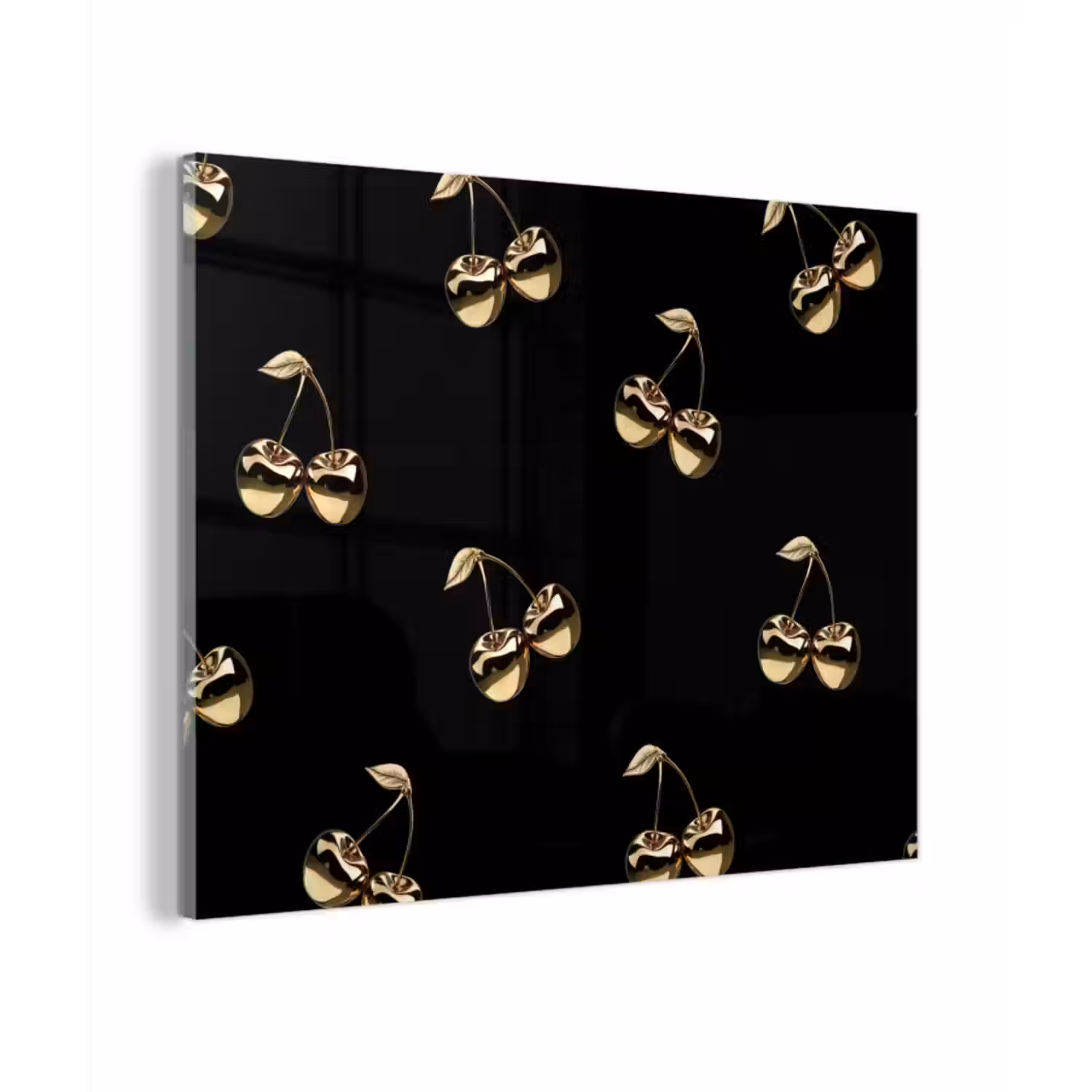 Glas schilderij - Patroon - Kersen - Goud - Chrome