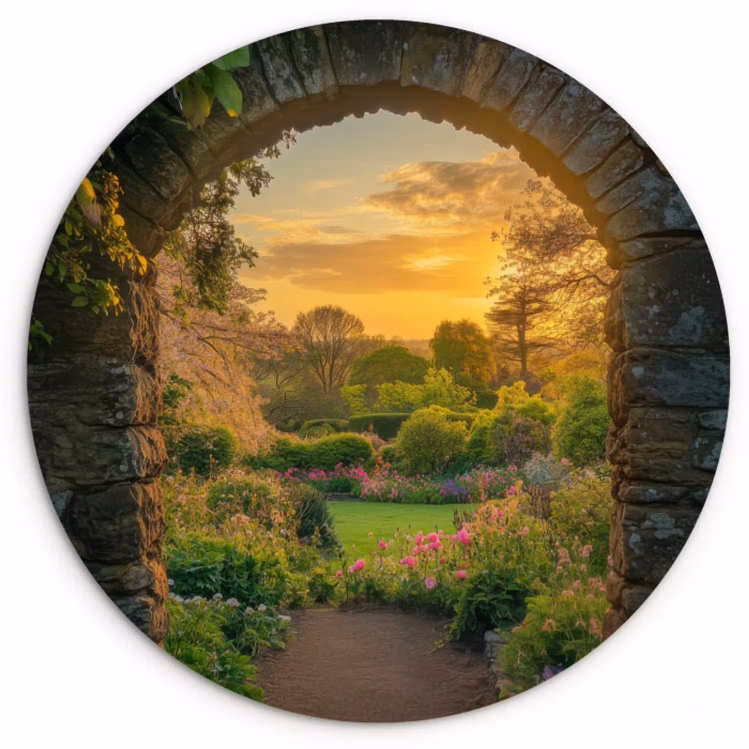 Poort - Planten - Zonsondergang Wandcirkel kunststof plaat 5mm dik klein -3d