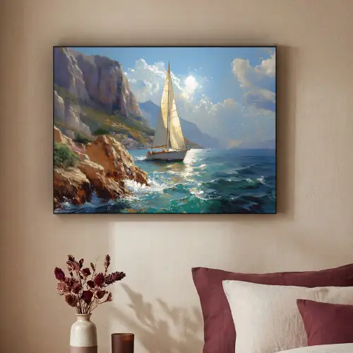 Zeilschip - Zee - Rotsen - Wolken Textielframe zwart klein -sfeer1