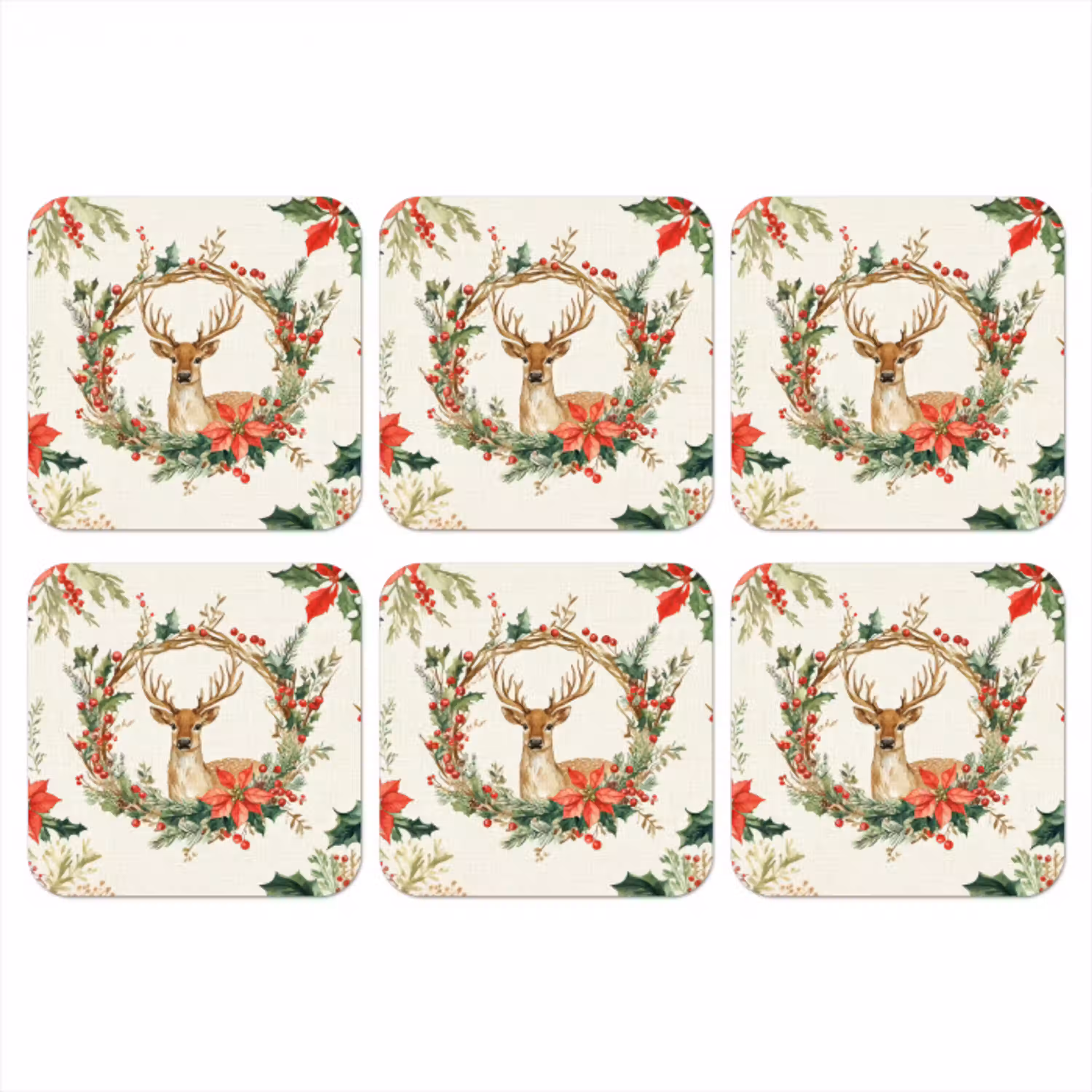 Kerstkrans - Hert - Hulst - Rood onderzetter kurk middel -3d