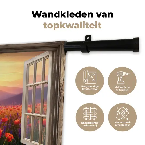 Doorkijk - Klaprozen - Bloemen - Rood - Open raam Wandkleed katoen klein -sfeer2