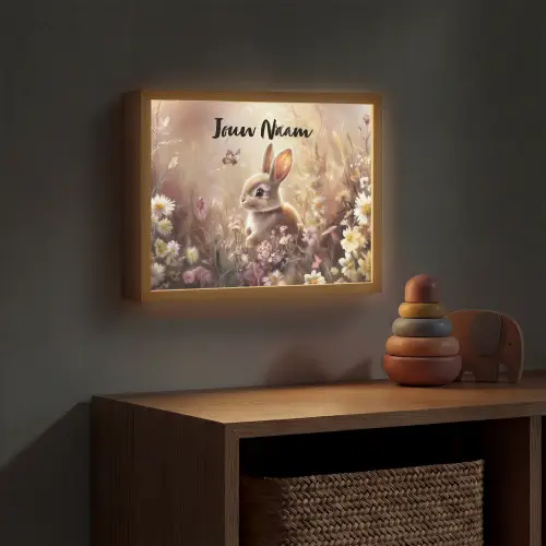 Konijntje - Bruin - Bloemen - Vlinders Light Box met batterij (Wandlamp kind) middel -sfeer5_kind