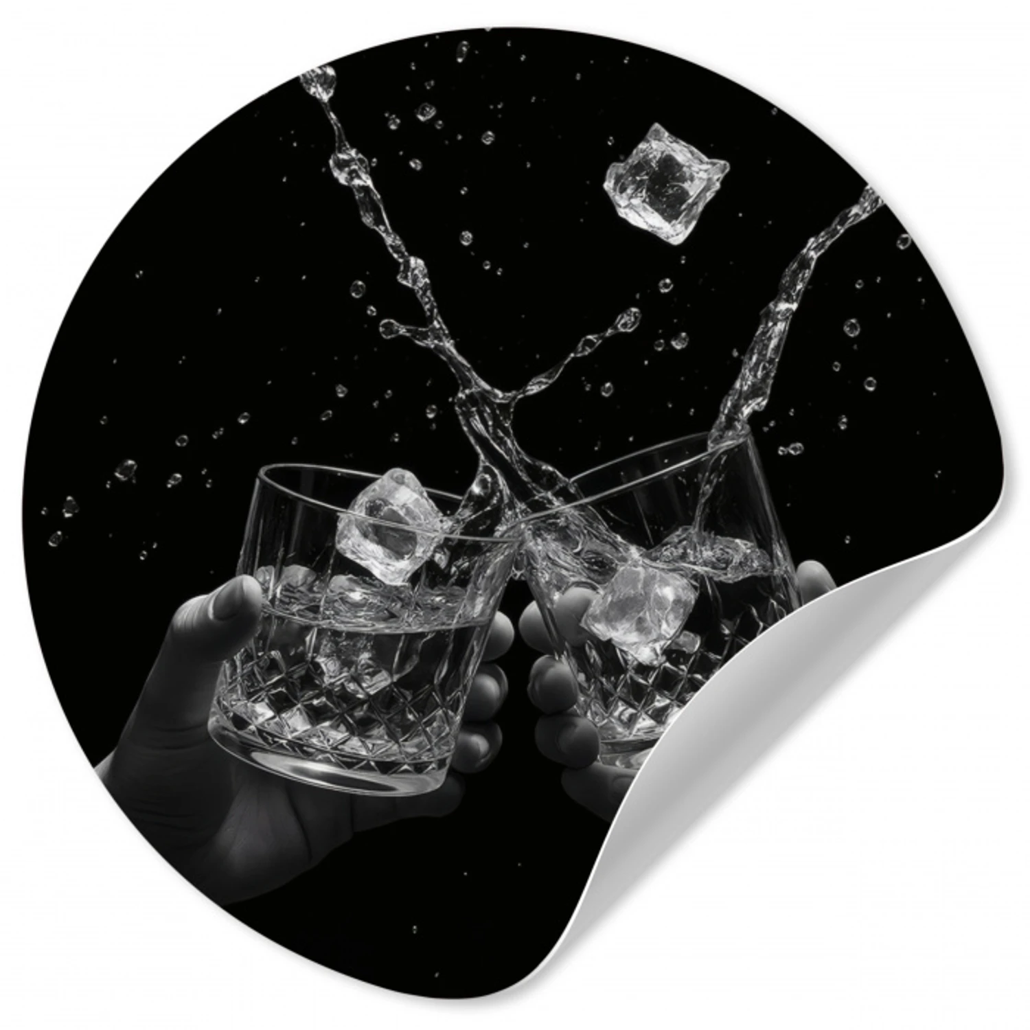 Whickyglazen - Ijs - Spetters - Zwart Wandcirkel behangsticker klein -3d
