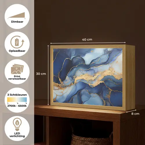 Marmer - Blauw - Goud - Abstract Light Box met batterij (Wandlamp) middel -USP_websiteoverzichtNL