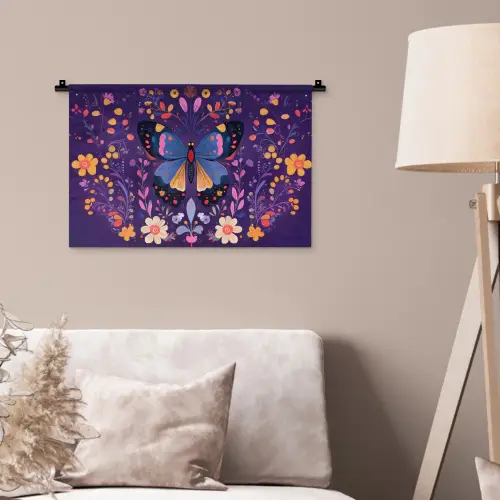 Sierlijk - Bloemen - Vlinder - Paars Wandkleed katoen klein -sfeer4