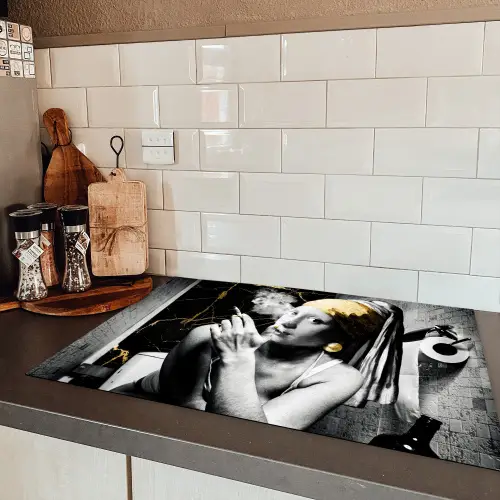 Marmerlook - Meisje met de parel - Sigaretten - Toilet - Goud - Kunst - Oude meesters Inductie beschermer vinyl 3mm klein -sfeer3