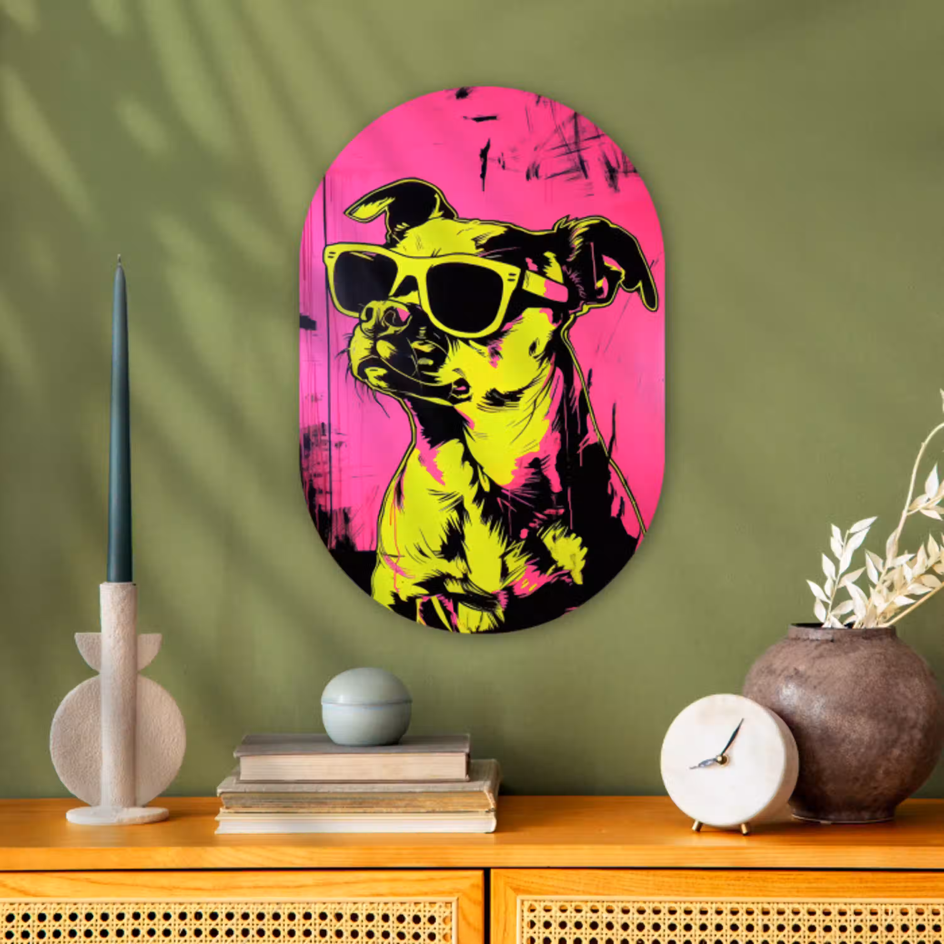 Hond - Zonnebril - Roze - Art Wandcirkel Ovaal Forex klein -sfeer2