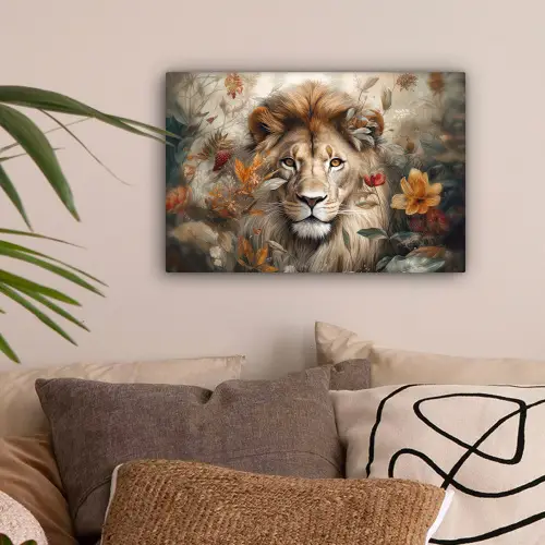 Leeuw - Wilde dieren - Planten - Natuur - Bloemen canvas 2cm klein -sfeer1