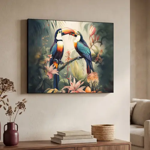 Toekan - Vogels - Bloemen - Natuur - Jungle Textielframe zwart klein -sfeer3