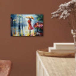 Olieverf - Paraplu - Vrouw - Straat - Kunst aluminium wit klein -sfeer4