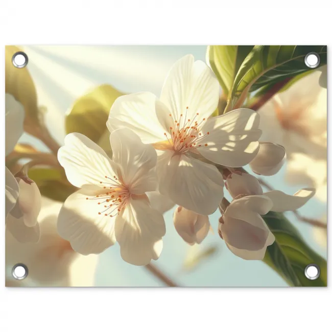 Bloesems - Wit - Zonnestralen -  Bloemblaadjes tuinposter los doek klein -3d