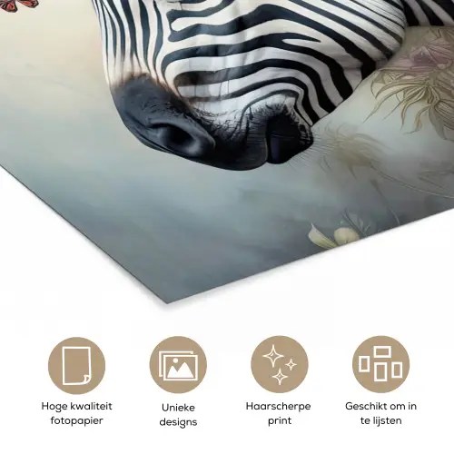 Zebra - Wilde dieren - Vlinder - Bloemen poster papier klein -closeup_NL