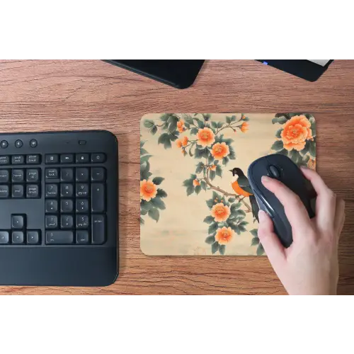 Vogel - Tak - Bloemen - Oranje muismat rubber klein -toetsenbord