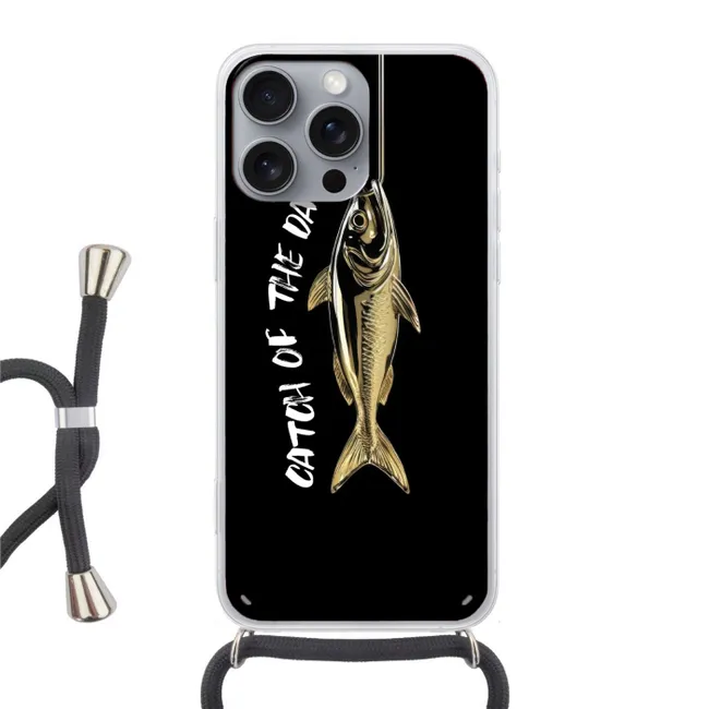Telefoonhoesje met koord - Vis - Zwart - Goud - Tekst