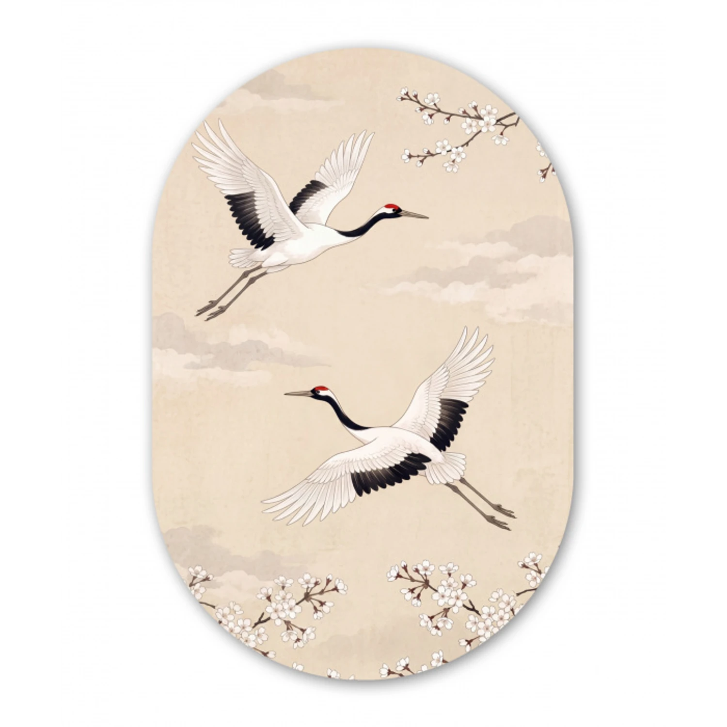Kraanvogels - Bloesem - Beige Wandcirkel Ovaal Aluminium middel -3d