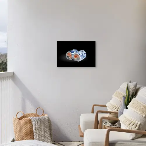 Sushi - Delfts blauw - Rijst - Vis - Elegant Tuinposter op houten frame 2 cm dik klein -sfeer1