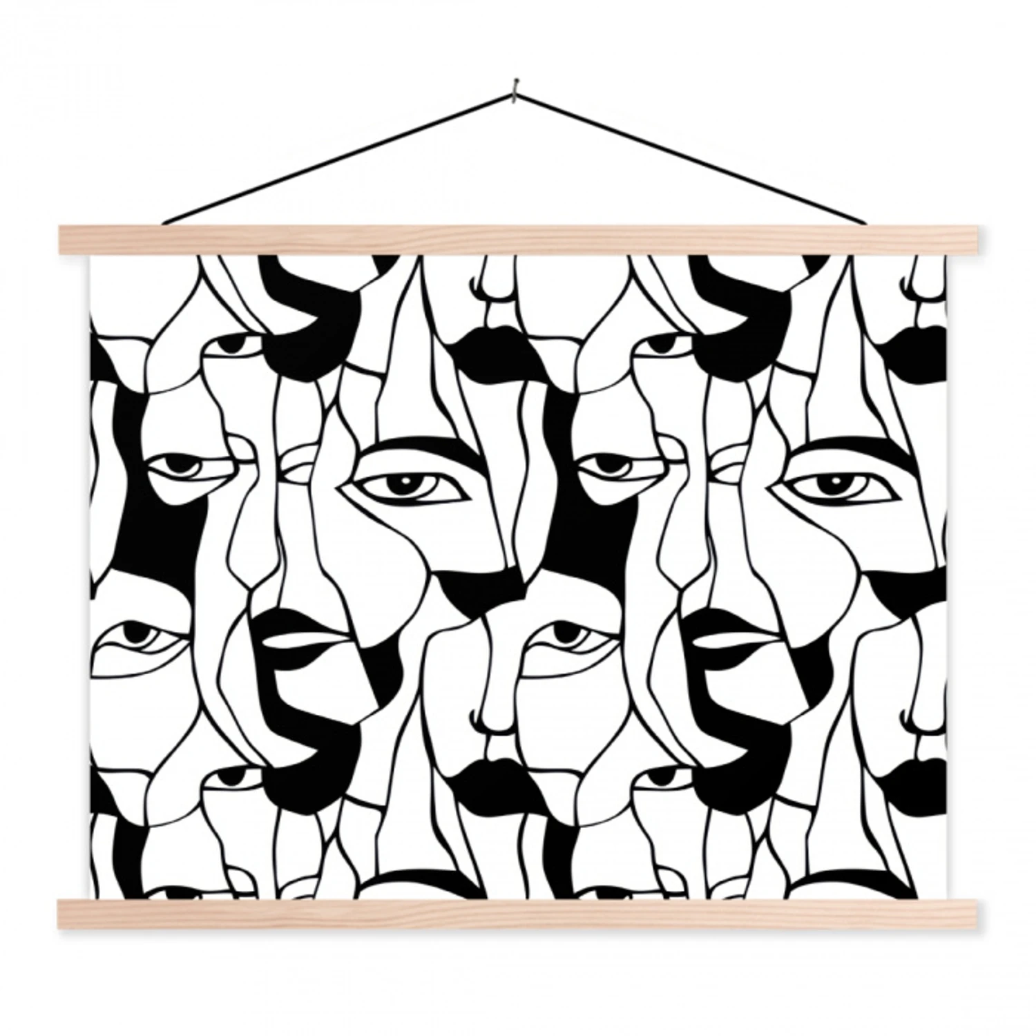 Lijnen - Gezichten - Zwart - Wit textielposter latten blank klein 122 -3d
