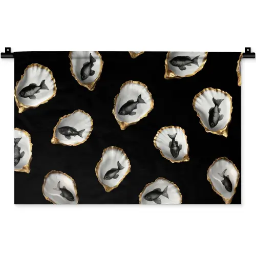 Oesters - Zwart - Vissen - Goud Wandkleed katoen klein -zz3d