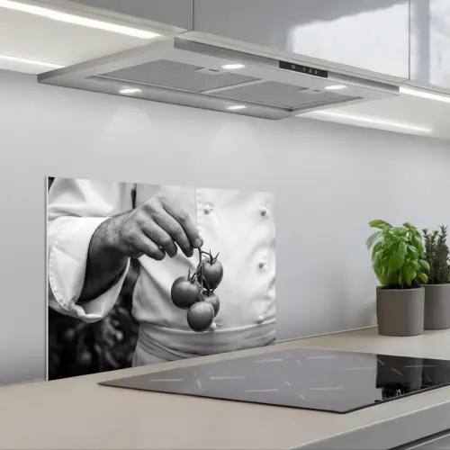 Tomaten - Chef - Zwart - Wit keuken achterwand spatscherm klein -3d_schuin