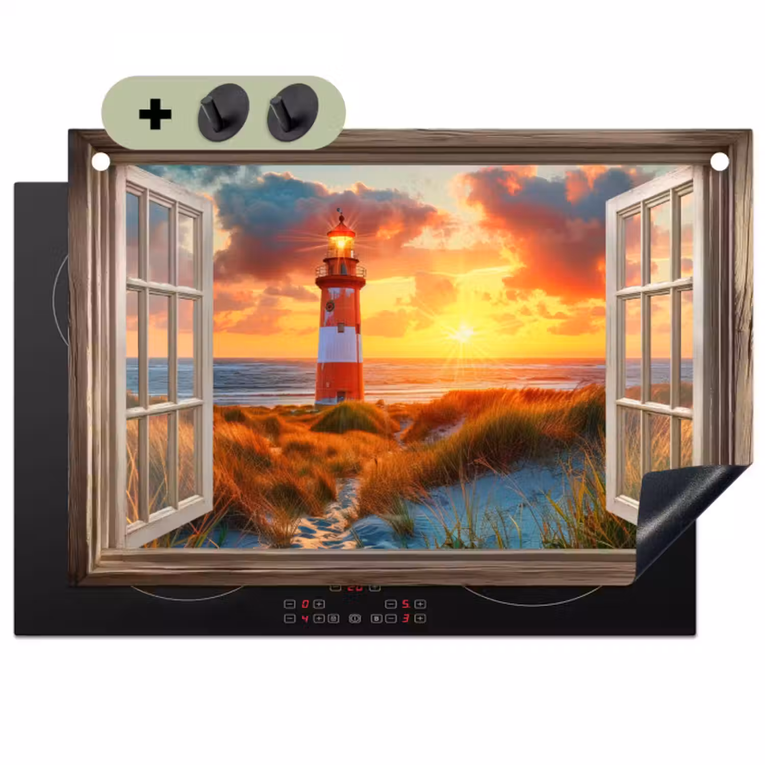 Inductie beschermer en spatscherm (2in1) - Doorkijk - Raam - Vuurtoren - Zonsondergang - Strand