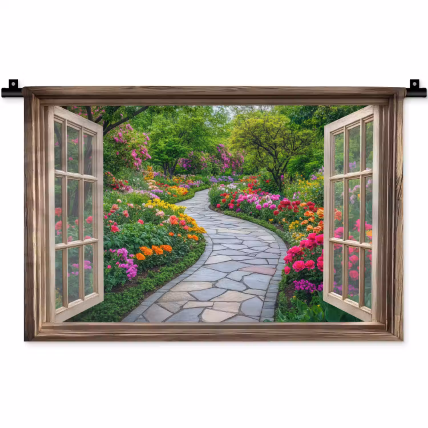 Wandkleed - Doorkijk - Bloemen - Tuinpad - Natuur - Raam
