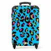 Pantermotief in neonkleuren op blauwe achtergrond NBS - Handbagage koffer - Kinderen Unisex middel -productfoto_recht