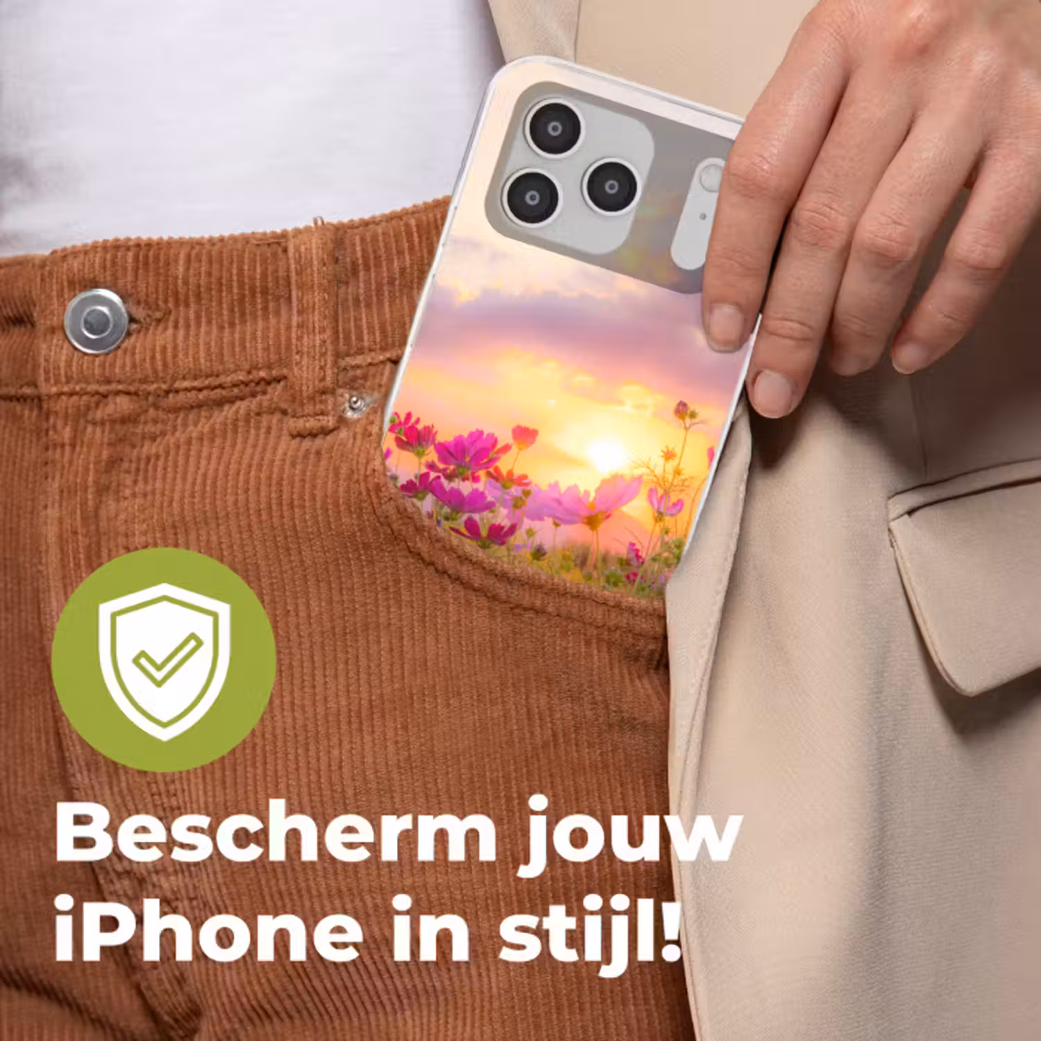 Telefoonhoesje - Bloemen - Roze - Zonsondergang - Natuur - Weide - Horizon