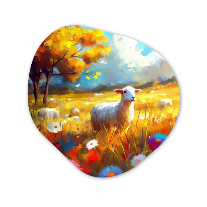 Schaap - Weide - Bloemen Wandcirkel Organisch Aluminium middel -3d