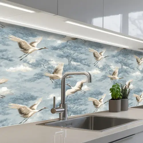 Wolken - Kraanvogels - Blauw keuken achterwand 2 middel 871 -3d_schuin