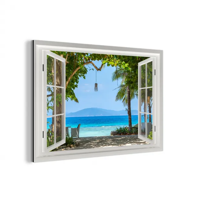 Doorkijk - Boom - Zee - Palmboom - Heuvels - Strand - Blauw aluminium wit klein -3d