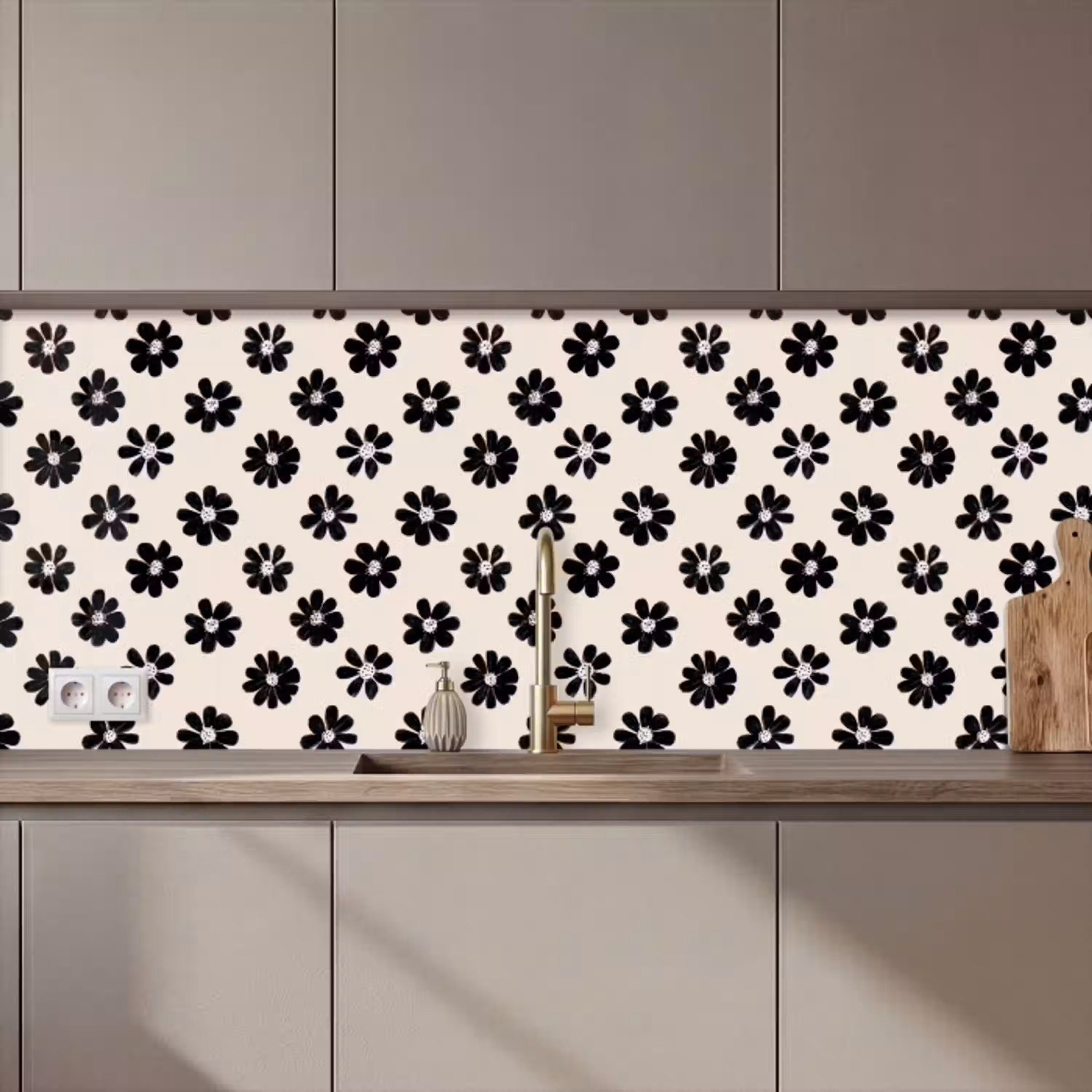 Grafisch - Madeliefjes - Zwart - Beige keuken achterwand 2 middel 871 zz_3dshopping