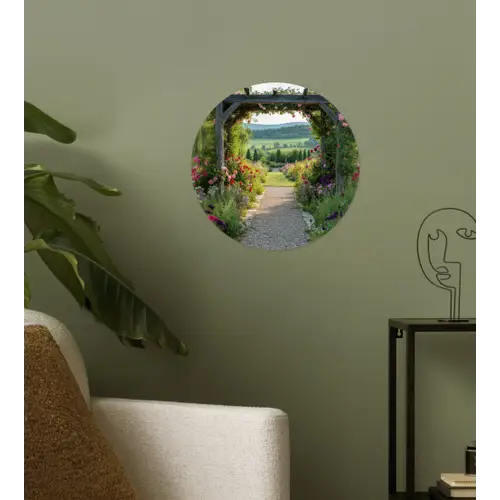 Doorkijk - Landschap - Natuur - Tuinboog - Bloemen Wandcirkel behangsticker klein -sfeer2