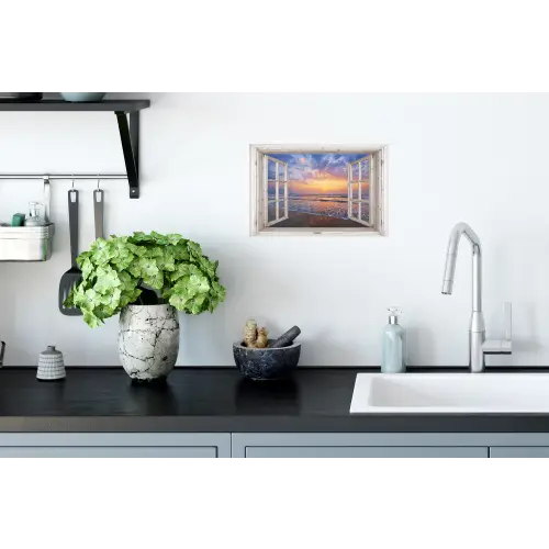 Doorkijk - Zee - Strand - Zonsondergang - Blauw Muursticker klein -keuken