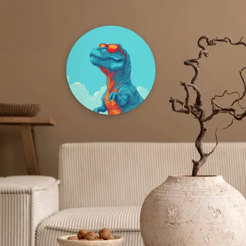 T-Rex - Blauw - Wolken - Zonnebril Wandcirkel kunststof plaat 5mm dik klein -sfeer1