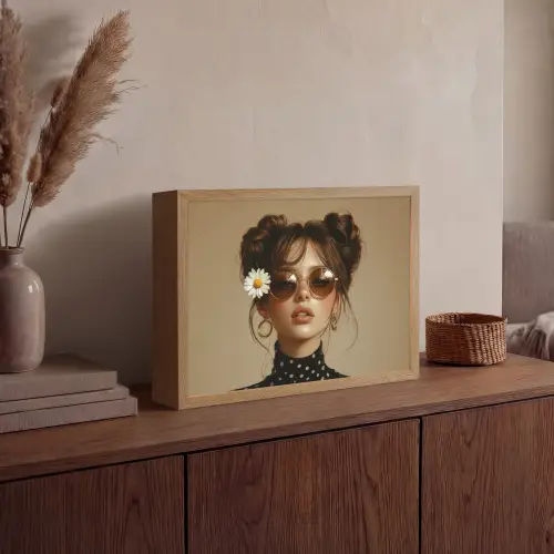 Vrouw - Beige - Bloem - Modern - Portret Light Box met batterij (Wandlamp) middel -sfeer2