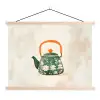 Theepot - Groen - Bloemen - Oranje textielposter latten blank klein -3d