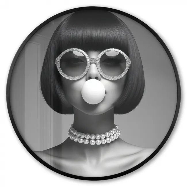 Ronde fotolijst - Vrouw - Zwart Wit - Ketting - Zonnebril