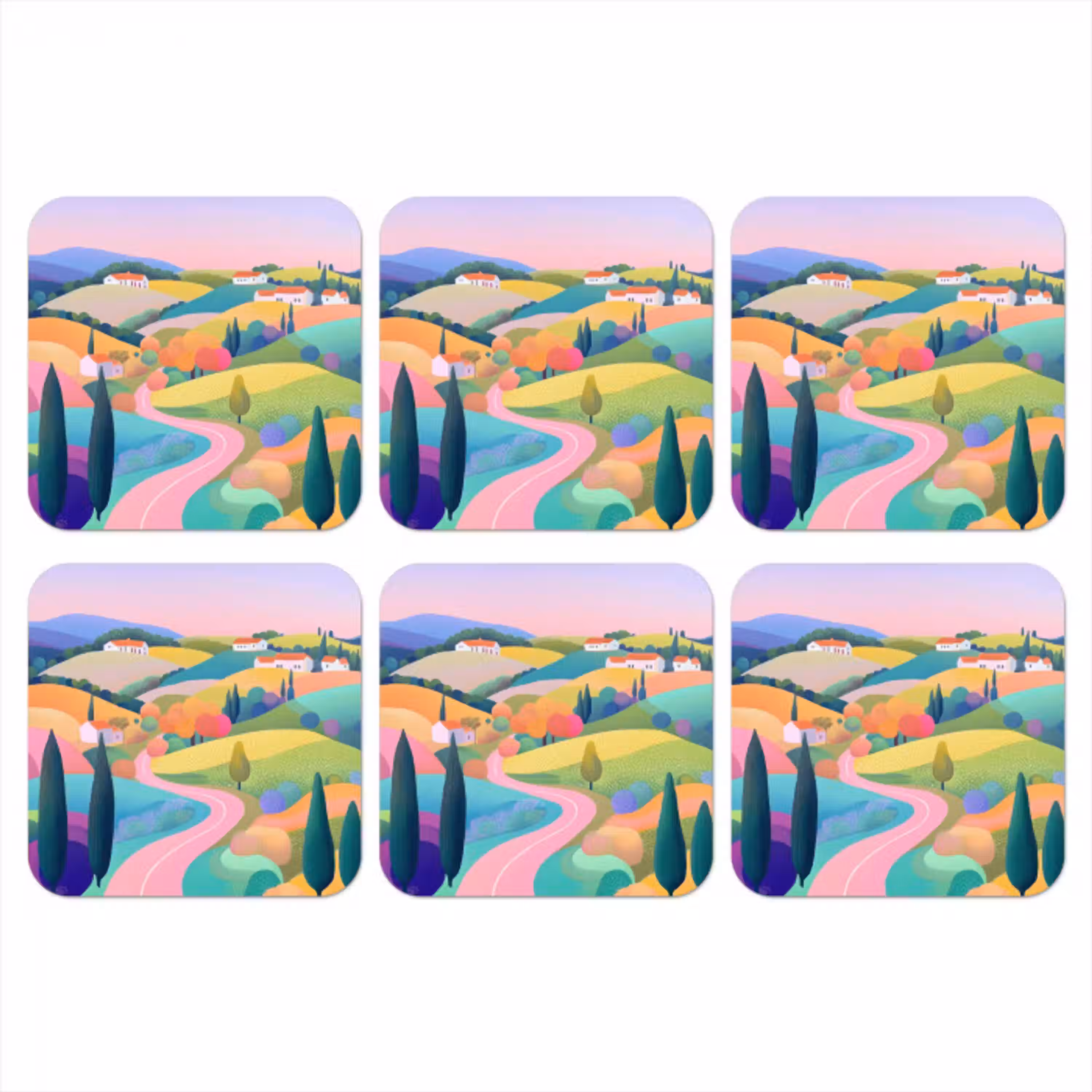 Landschap - Paars - Pastel - Huizen onderzetter kurk middel -3d