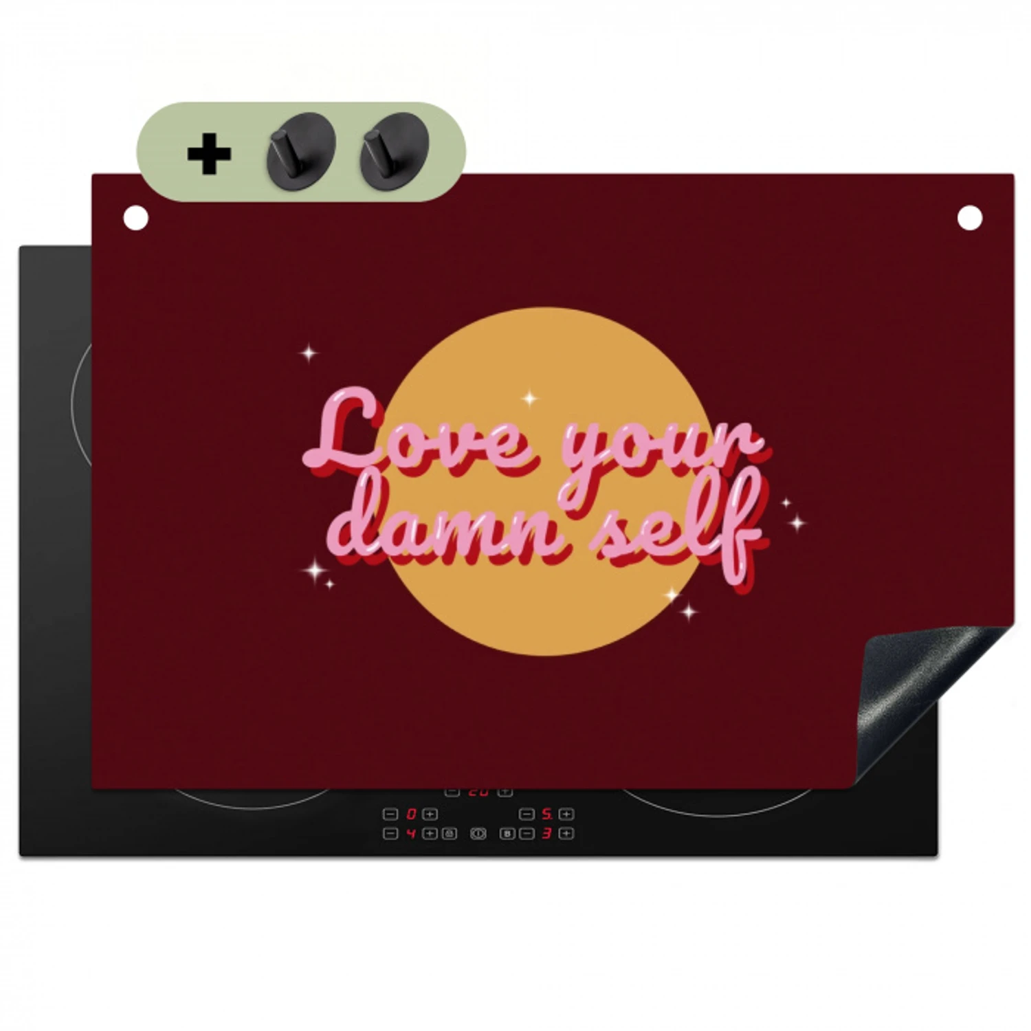 love your damn self - Cirkel - Glitter - Rood Inductie beschemer met haakjes klein -3d
